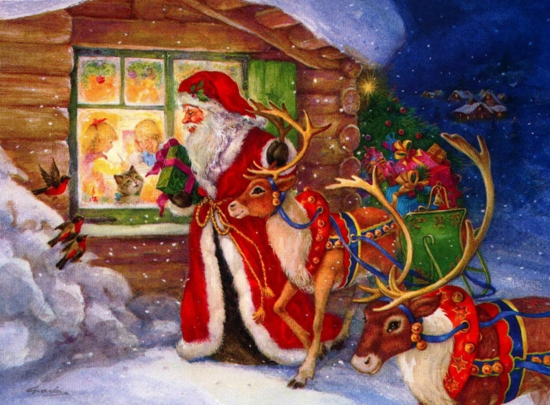 paintings, snow, cultures, claus, visual Art, art and craft, gifts, day, reindeer, decoration, old, vertebrate, animal representation, animal, religion