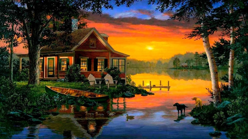 bayou, calm, sunset, relaxing, bank, lakeside, 1080P, reflection, lake, dogs, evening, painting art, painting, home, boat, water, dream home, landscape