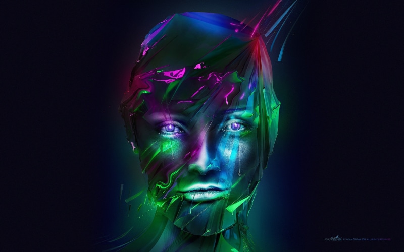 human body part, beauty, green color, human face, indoors, neon, young adult, headshot, portrait, digital art, illuminated, looking at camera, futuristic