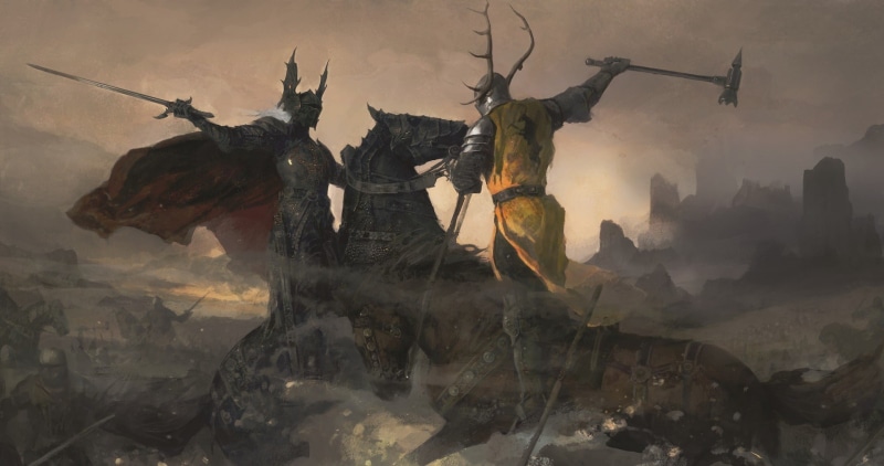 history, Warhammer, 1080P, animal themes, the past, Robert Baratheon, architecture, knight, outdoors, horse, sword, day, animal body part, fog, sunset