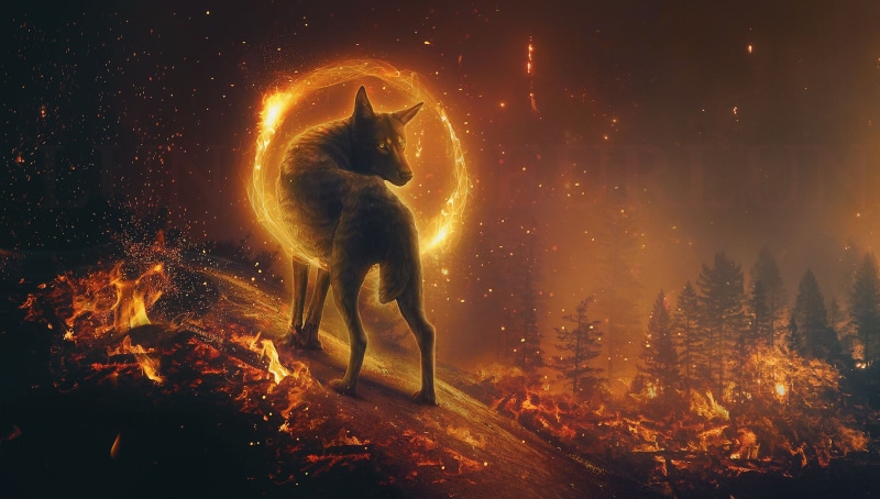 magic, fantasy, fairy world, legend, the portal, fiction, 2K, in the fire, the forest is burning, night, from the outside, mystic, fire, beauty, wolf