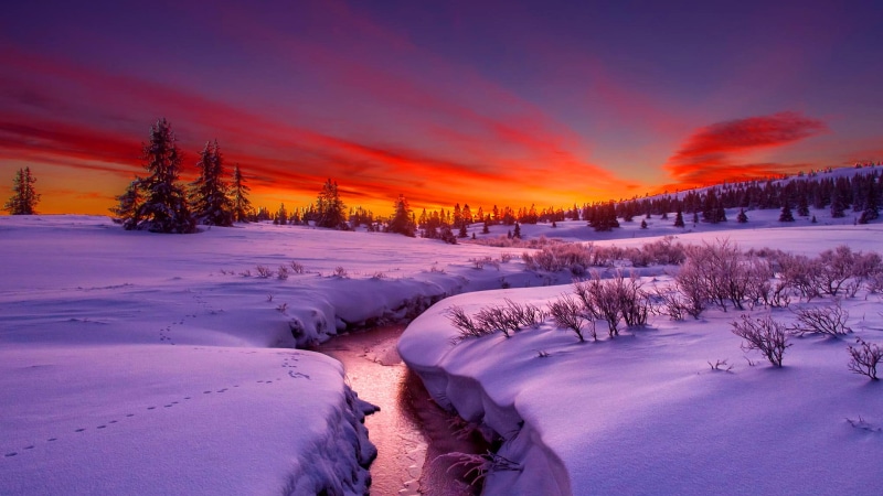sky, dawn, creek, tundra, winter, sunrise, 4K, horizon, morning, arctic, stream, freezing, snow
