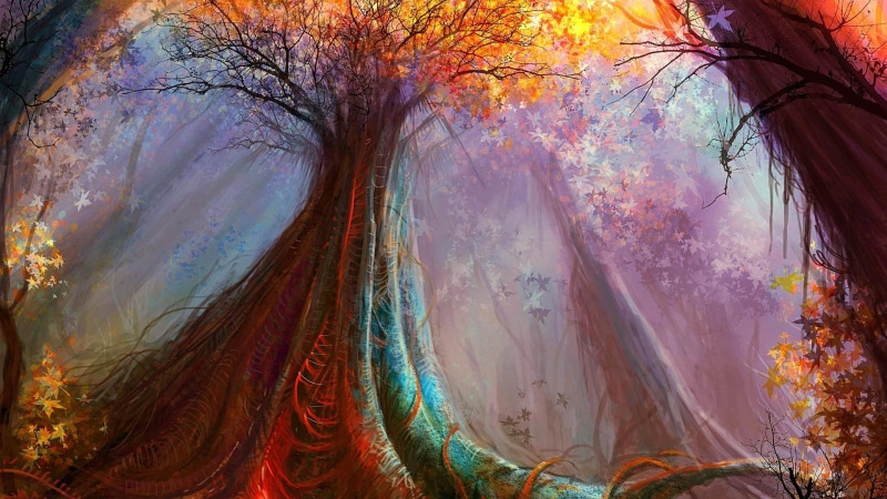 landscape, tree, woodland, fantasy art, forest, painting, autumn, psychedelic art, art, branch, sunlight, nature, modern art, 1080P