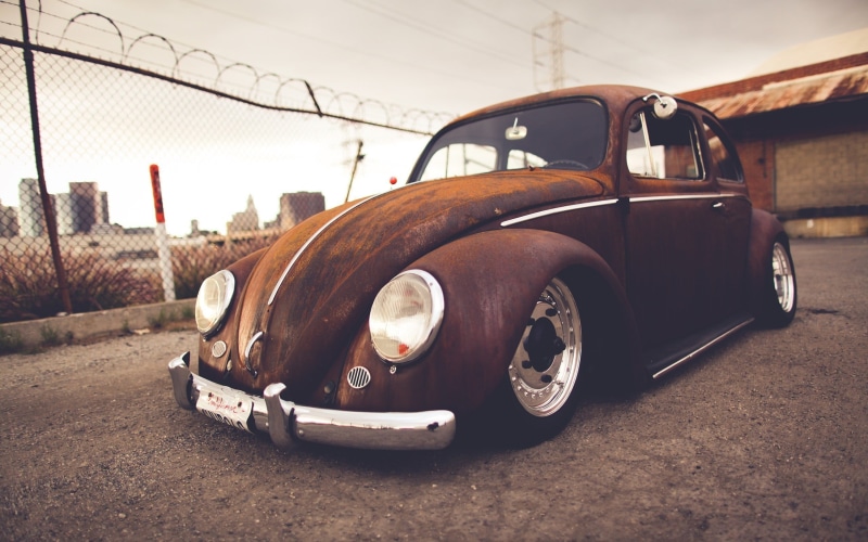 brown, Volkswagen Beetle, Volkswagen, obsolete, retro styled, day, old, metal, motor vehicle, outdoors, damaged, run-down, transportation, no people, nature