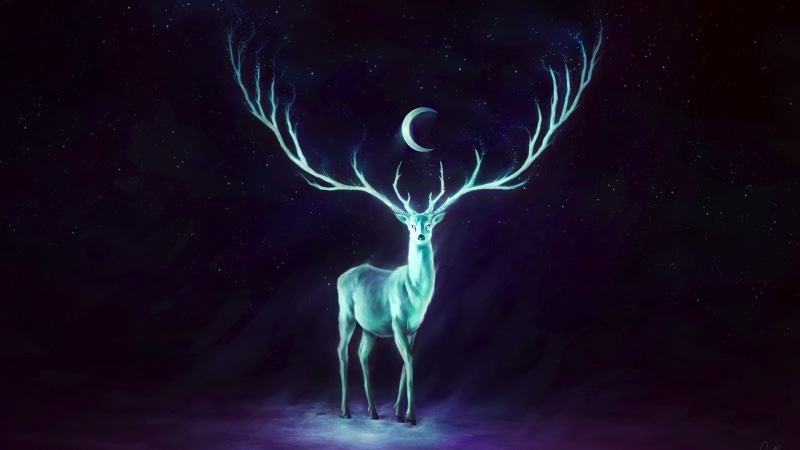 fantasy, Moon, glowing, stag, abstract, x, 1080P, hd, artwork, horns, deer, art