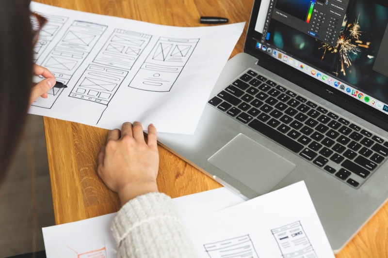 wireframes, connection, Ecommerce, desk, Work, global communications, Laptop, designer, design professional, creativity, web, Women, 4K, hand, people