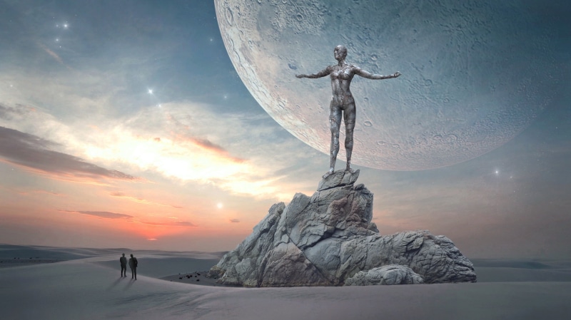 tranquility, statue, mystical, sunset, planet, evening sky, people, sand, dusk, full length, mood, religion, setting sun, sculpture, front, representation