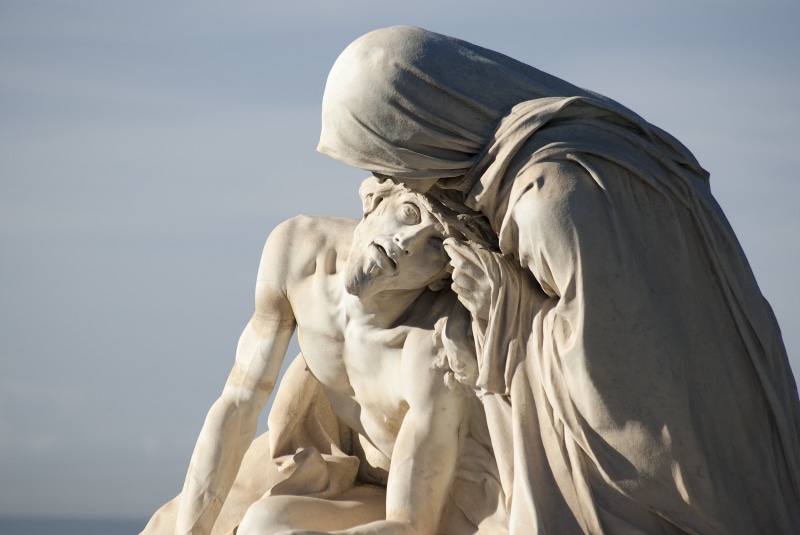 christ, woman, nature, no people, sadness, church, human representation, sky, pieta, creativity, emotion, man, grief, passion, male likeness, statue, representation