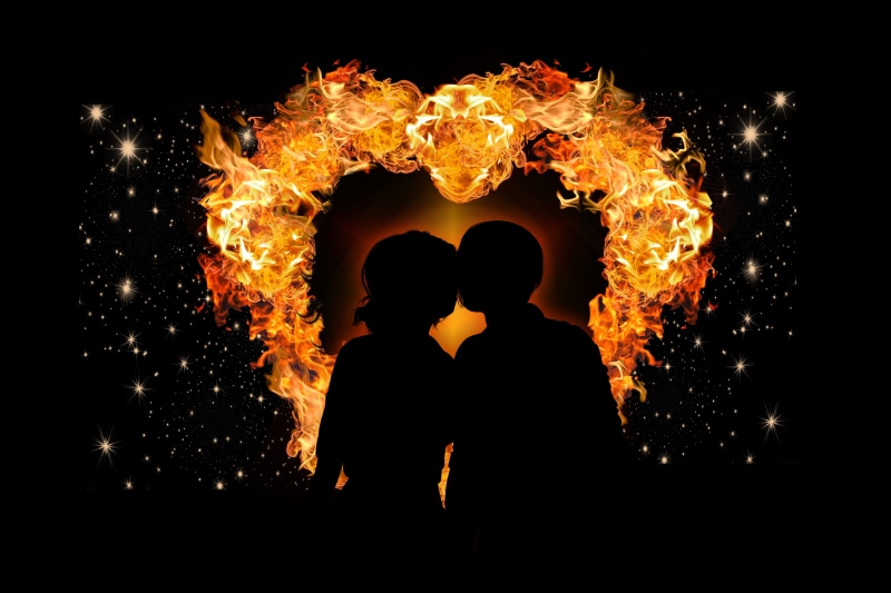 motion, man, burning, black background, universe, orange color, flame, fire, valentines day, glowing, brand, togetherness, heat - temperature, night, lovers