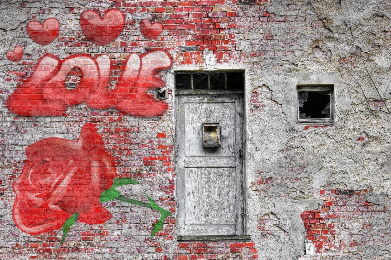 building exterior, romantic, building, male, woman, day, brick, adult, red, embracing, valentine, decoration, 1080P, couple, wall - building feature, love