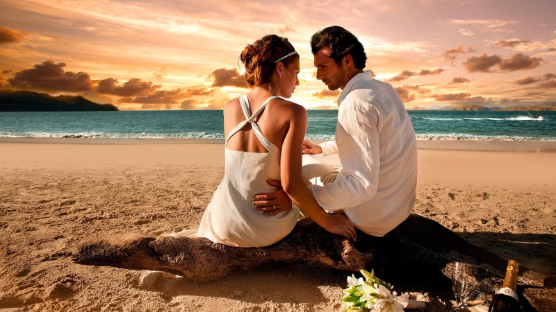 emotion, two people, dress, pretty, women, water, summer, flower, men, happy, attractive, heterosexual couple, togetherness, spouse, sunset, newlywed, fun