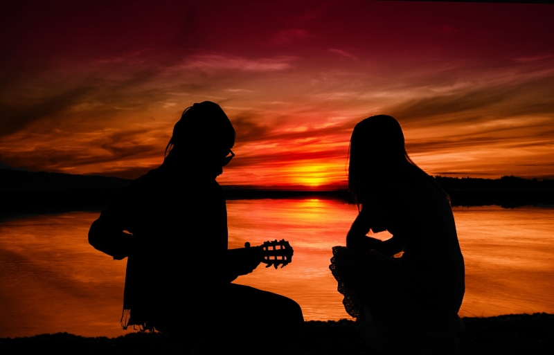 love, valentines day, musical instrument, water, sitting, silhouette, orange color, cloud - sky, guitar player, pair, people, women, nature, 2K, beauty in nature