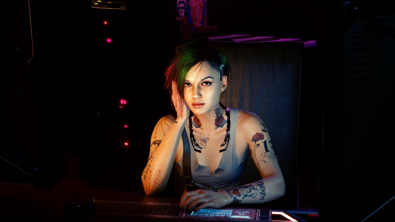 hand on head, Cyberpunk 2077, 4K, video games, looking at viewer, robotic, hand gesture, tattoo, desk, Judy Alvarez, green hair