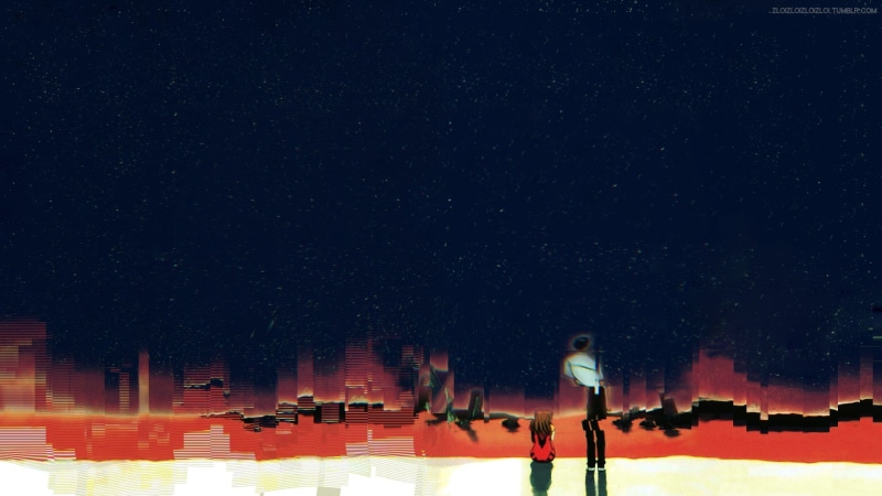 standing, built structure, abstract, glitch art, star - space, star, adult, astronomy, Neon Genesis Evangelion, one person, architecture, sky, rear view