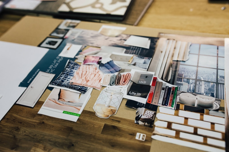 shopping, fashion, cutout, samples, composition, paper cutouts, close-up, arrangement, table, paper, wood - material, fabric, communication, variation