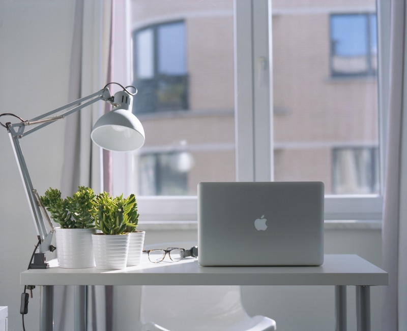 beside, macbook pro, mac, gooseneck, wireless technology, nature, lighting equipment, lamp, workspace, top, indoors, window, potted plant, no people, 8K