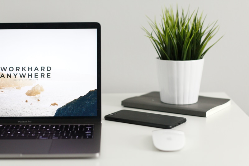 desk top, macbook, communication, internet, keyboard, black, laptop, smart phone, potted plant, portability, no people, connection, near, device screen