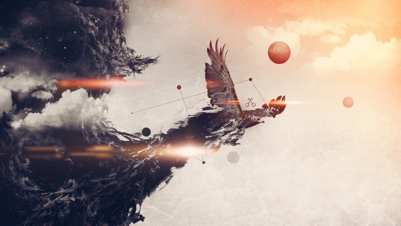 eagle, animals, mid-air, backgrounds, fantasy, illustration, 1080P, water, one person, day, Woodkid, adult, accidents and disasters, destruction