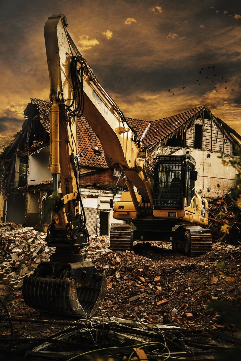 architecture, wheel, vehicle, Debris, crash, construction work, day, Demolition, nature, outdoors, transportation, work, sky, backhoe bucket, sunset, no people