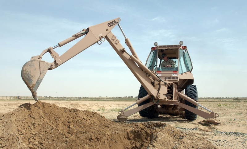 construction equipment, oil pump, sky, industrial, Heavy, Backhoe, transportation, machinery, land vehicle, work, scoop, road, quarry, dirt, yellow, landscape