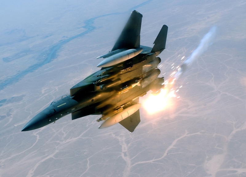 f-15, day, flares, aviation, jet, military, usa, airplane, fighter, outdoors, military jet, sky, reflection, defense, war, fighter Plane, sunlight, aircraft