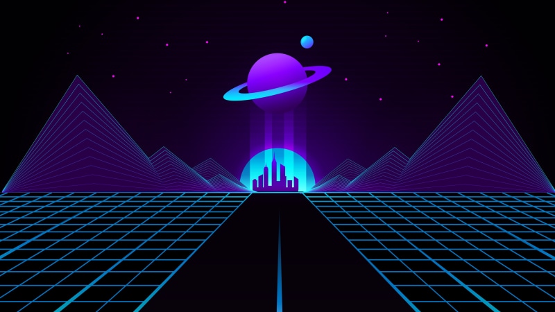 Saturn, wireframe, road, mountains, artwork, planet, city, stars, OutRun, 4K