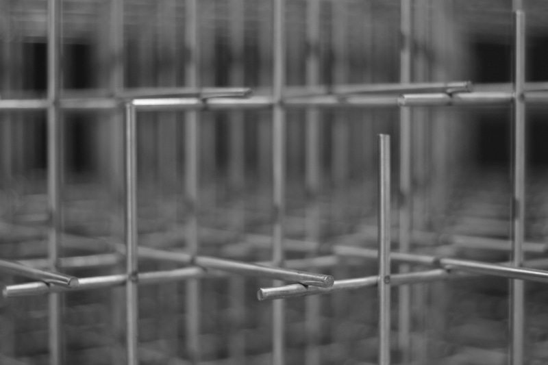 no people, metal, boundary, full frame, focus on foreground, outdoors, barrier, day, rainy season, 4K, safety, wet, built structure, railing, monochrome wire wireframe