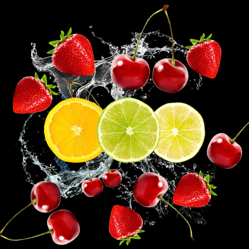 black background, 5K, fruits, strawberry, cherry, berries, slices, citrus, fruit, water