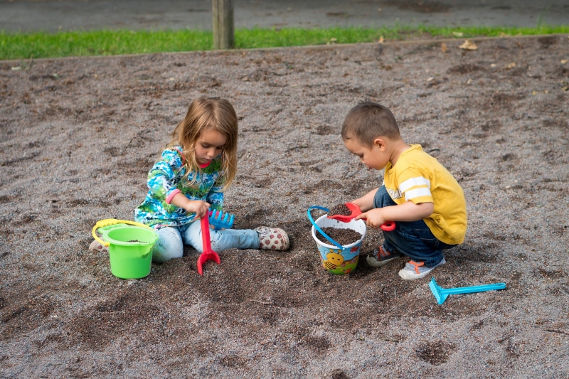 brother, playground, sandpit, cheerful, two, land, togetherness, bucket, two people, innocence, digging, dirty, sister, offspring, sandbox, smiling, build