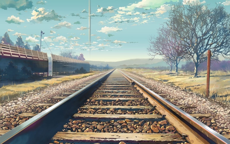 direction, nature, plant, vanishing point, anime, bare tree, straight, 720P, 5 Centimeters Per Second, day, gravel, rail transportation, diminishing perspective