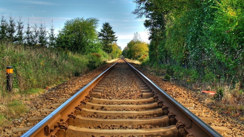 beauty in nature, day, metal, sky, tree, 1080P, the way forward, landscape, gravel, rail transportation, train, long, vanishing point, land, railroad track