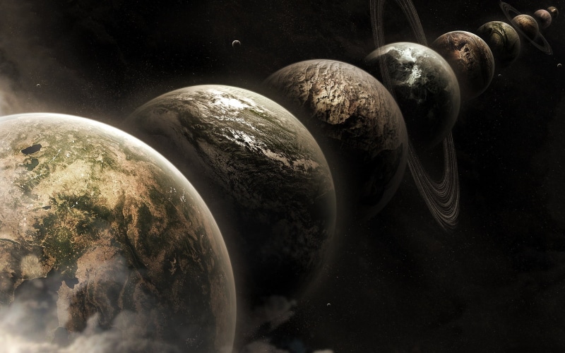 planetary, planet, 3D, dark, dust, outdoors, close-up, no people, reflection, universe, shadow, sea, in a row, star, nature, water, parallel, alignment