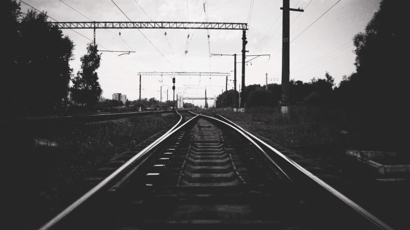 technology, power line, parallel, vanishing point, power supply, transportation, nature, sky, train, direction, photo, straight, track, outdoors, grayscale