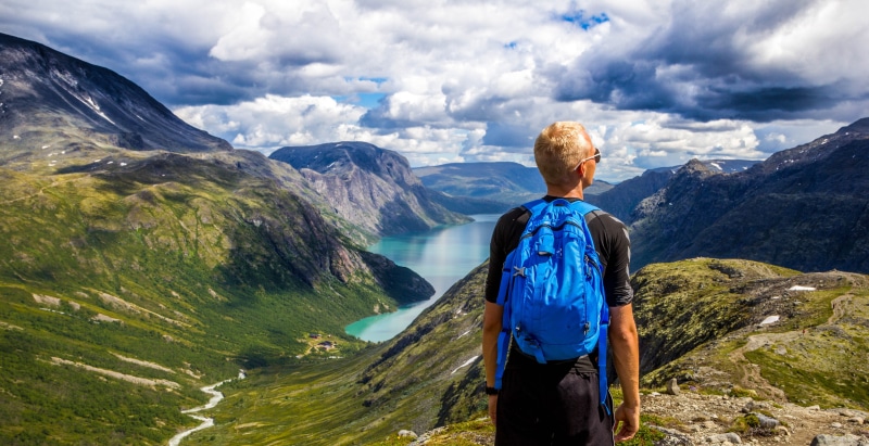 tranquility, cloud - sky, lake, hiking, real people, isolation, activity, lifestyles, vacations, holiday, 5K, tranquil scene, leisure activity, mountain