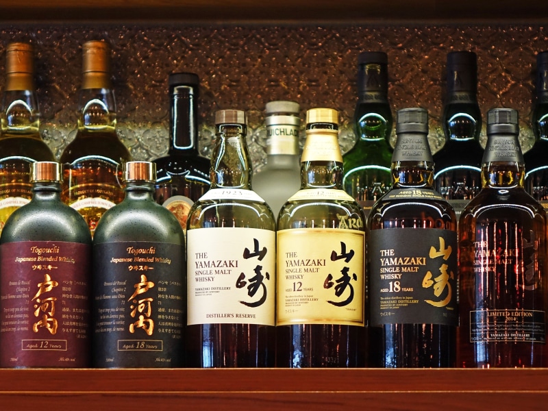 drink, party, Bar, bottles, whisky, side by side, bar counter, container, liquid, glass - material, martini, no people, collection, low, shelf, Yamazaki