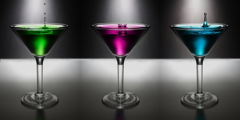 bar, colo, cocktail, 2K, still life, indoors, glass, green, three, beverage, assorted, reflection, refreshment, studio shot, pour, no people, purple, food and drink