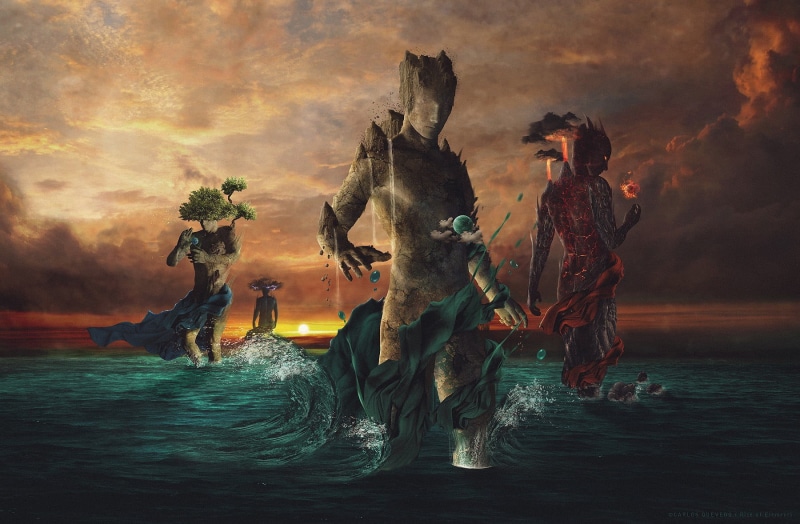 sunset, men, sea, four, outdoors, adult, nature, air, Earth, group of people, fire, representation, cloud - sky, people, digital, beach, standing, full length