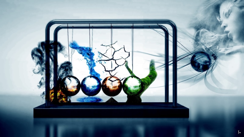 1080P, elements  four elements  Newtons cradle  simple background  balls  science  air  abstract  Earth  wind  women  digital art  fire  nature  ball  water