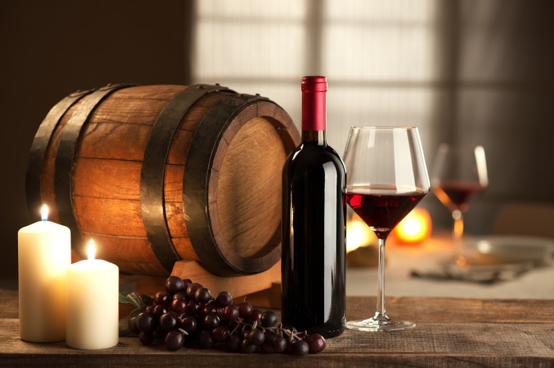 glass, bottle, wine, Red, grapes, keg, 4K, candles