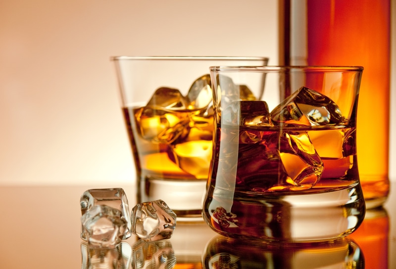 yellow, drinking Glass, household equipment, round, whiskey, clear, two, cold - Temperature, no People, glass, alcohol, still life, alcohol Abuse, cube Shape