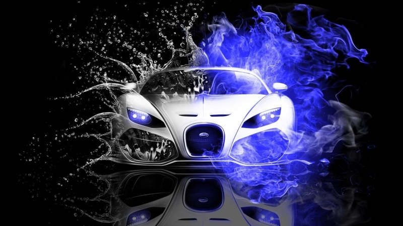 car, blue fire, water, fire, reflection, flame, sport car, water drops, 1080P, reflected, drops