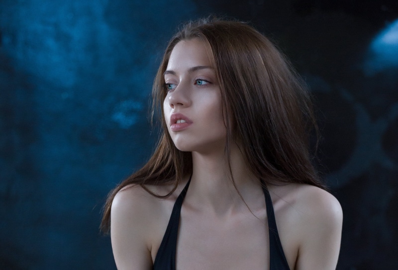 teenager, long hair, dark blue, fashion, close-up, open mouth, looking, looking away, juicy lips, hair, contemplation, adult, one person, blue eyes, portrait