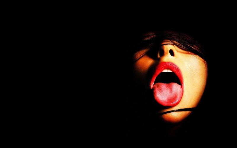 eyes closed, facial expression, human face, human mouth, black, studio shot, dark, close-up, lips, face, copy space, human body part, open mouth, model