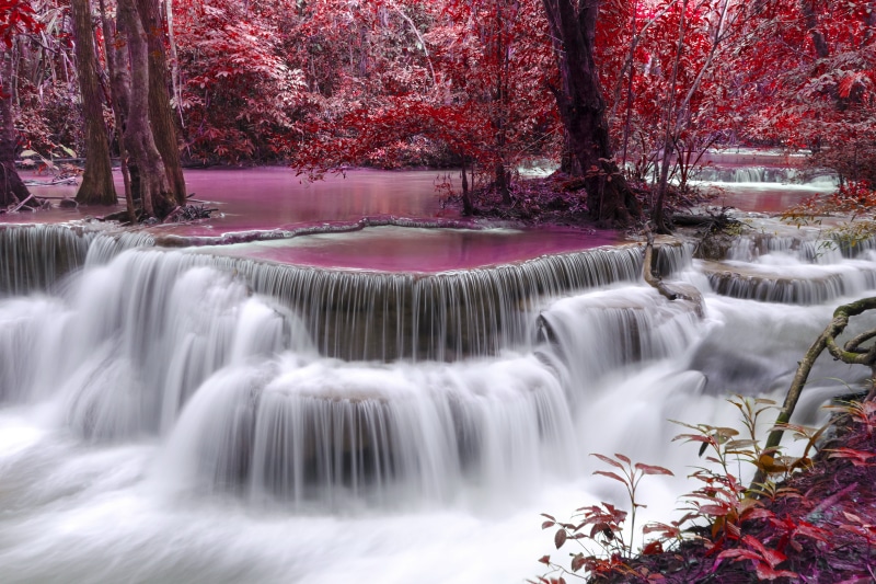 waterfall, purple, 5K, flow, autumn, water, river, body