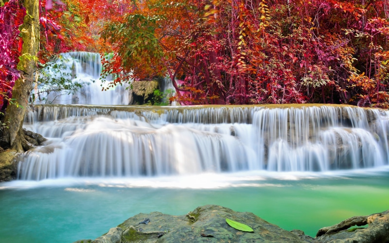 waterfall, 2K, red, trees, river, leaf, waterfalls, Autumn, flow, emerald, water