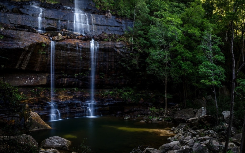 land, forest, no people, flowing water, scenics - nature, blurred motion, rainforest, beauty in nature, waterfall, rock formation, rock, tree, rock - object