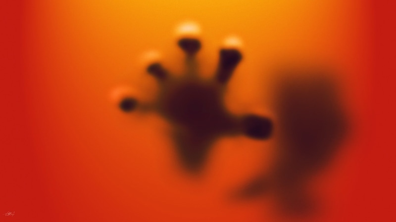 adult, colored background, soft focus, human body part, human hand, aliens, orange color, two people, orange, motion, studio shot, small, indoors, human