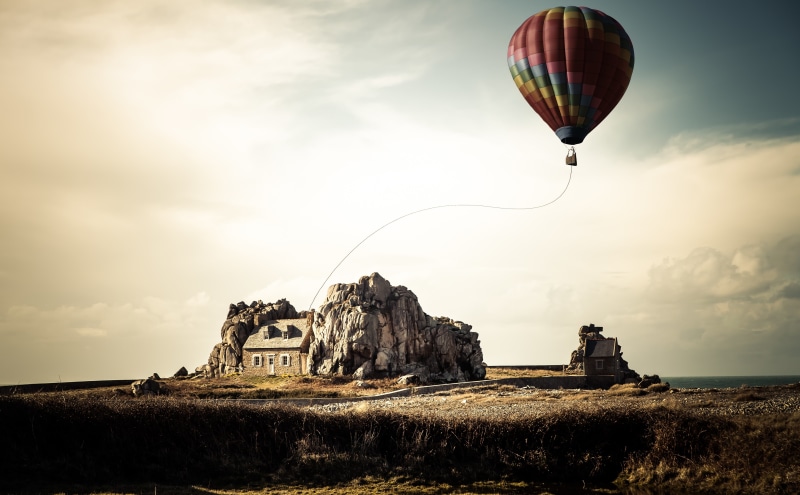 Photoshop, Landscape, Creative, air vehicle, parachute, Balloon, Flying, LateAfternoon, cloud - sky, Sunset, awaits, Brittany, Nature, hanging, hotairballoon