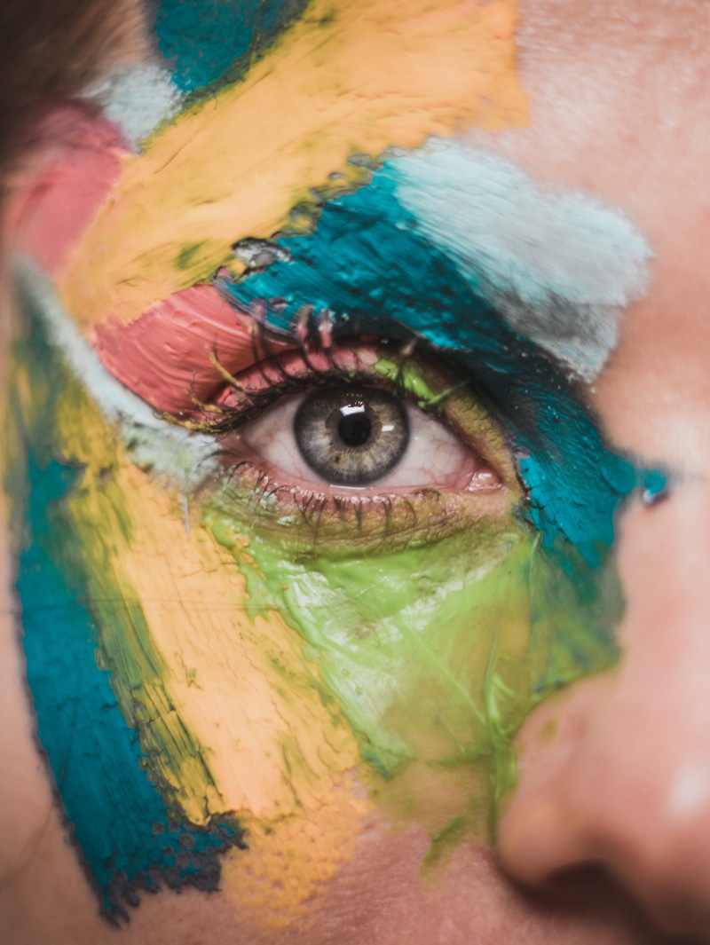 one Person, creativity, caucasian Ethnicity, stage Make-up, human, blonde, painted Image, color, orange, looking At Camera, face Paint, eyeshadow, eyelash