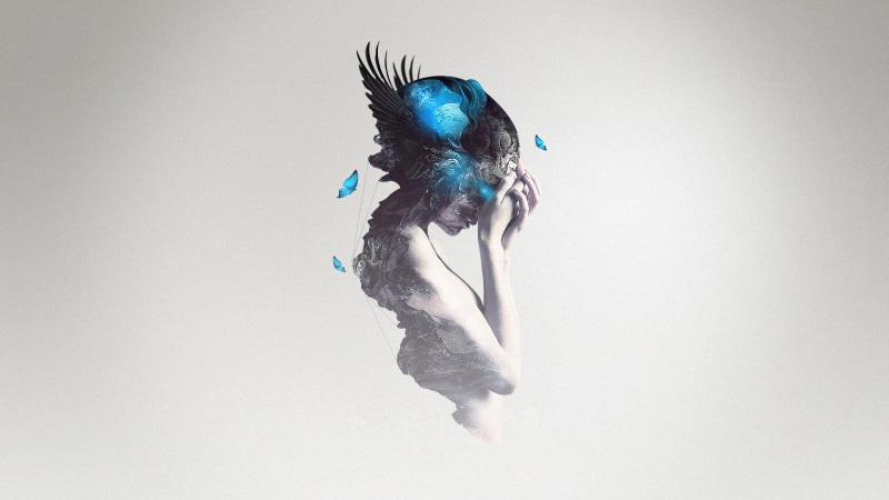 bird, 1080P, blue, woman, arms raised, multi Colored, digital composite, feather, one person, white background, fantasy girl, art, butterfly, human limb